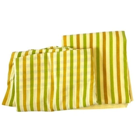 Vintage MCM Double Fitted and Flat Sheet Set Mohawk USA Gold Stripe 80 x 92 - Picture 1 of 5